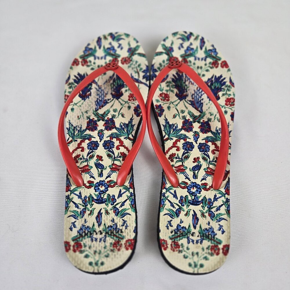 Tory Burch Size 8.5 Red Thong Flip Flop Sandals Floral Footbed Rubber